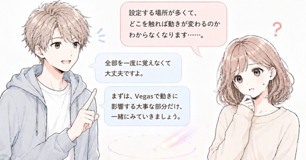 ベガス(Vegas)エフェクトの設定項目の多さに迷う読者と、絞って見ていけば大丈夫だと伝える解説者の掛け合い