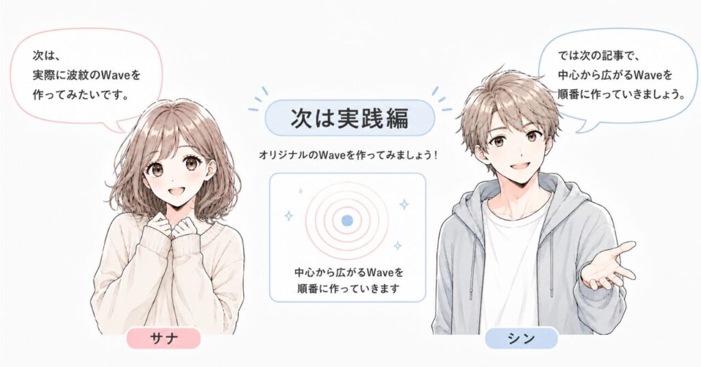 中心から広がるWaveを実践形式で作ることを案内している
