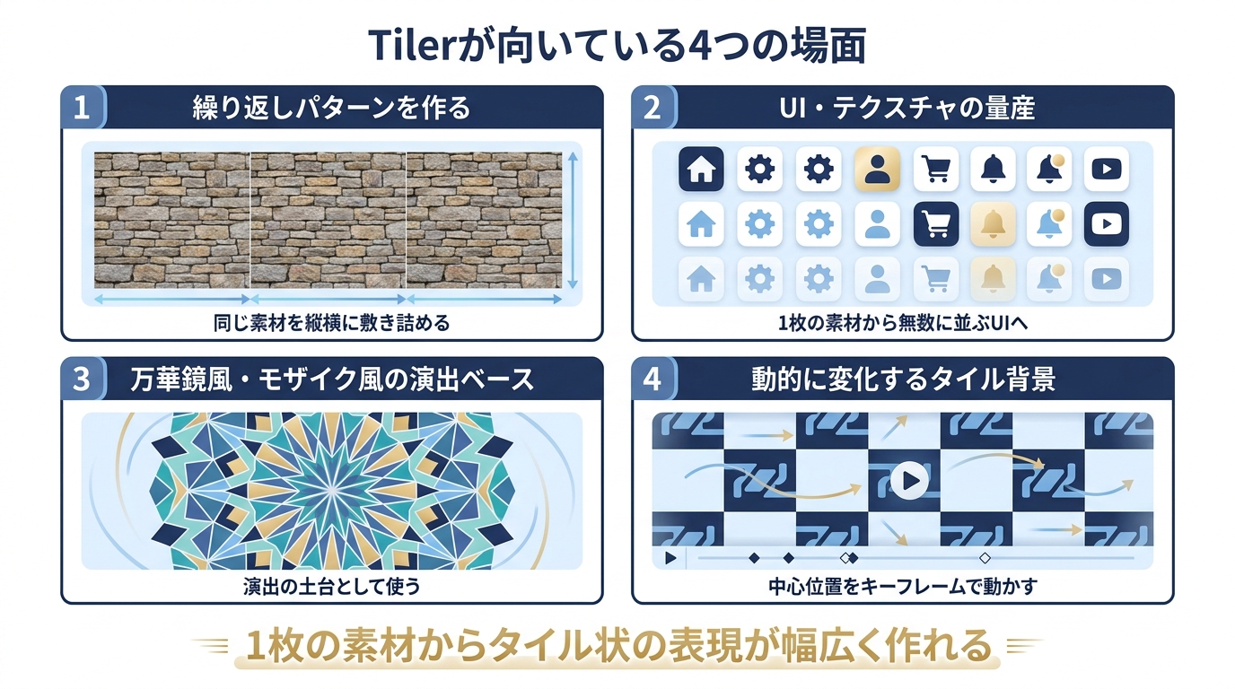 Tilerエフェクトが向いている4つの使用シーン(繰り返しパターン/UI・テクスチャ量産/万華鏡・モザイク風/動的タイル背景)を並べた用途別図解