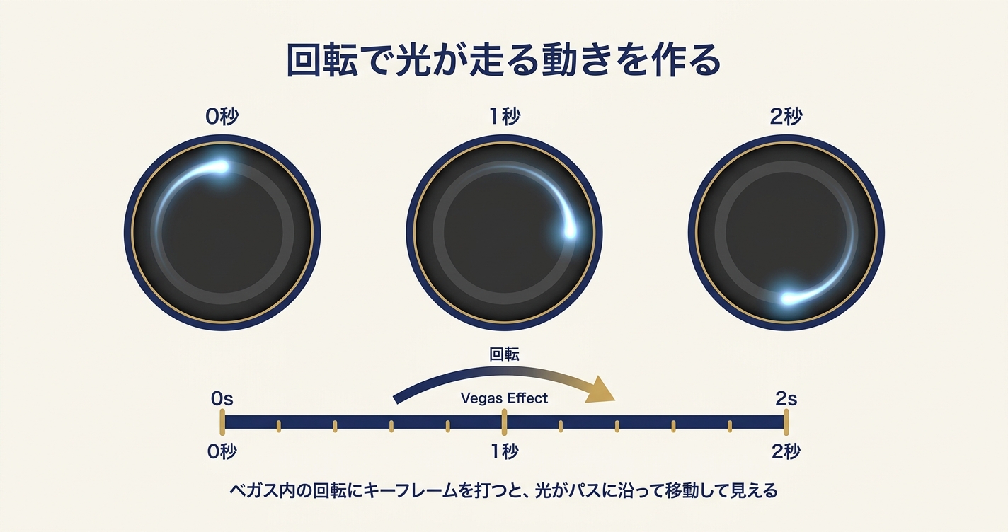 After EffectsのVegasで回転にキーフレームを打ち、光がパスに沿って移動する流れを説明した図解
