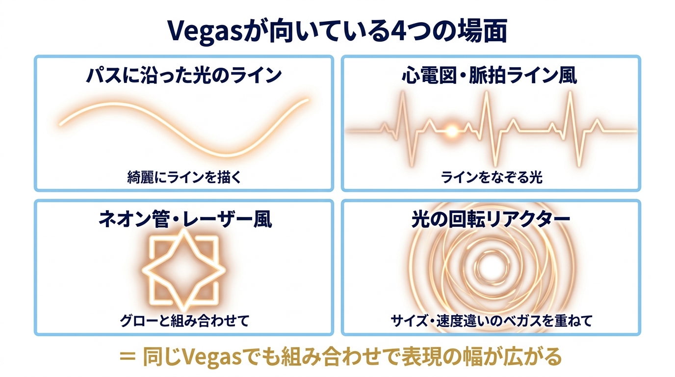 Vegasエフェクトが向いている4つの使用シーン(光のライン/心電図風/ネオン管/回転リアクター)を並べた用途別図解