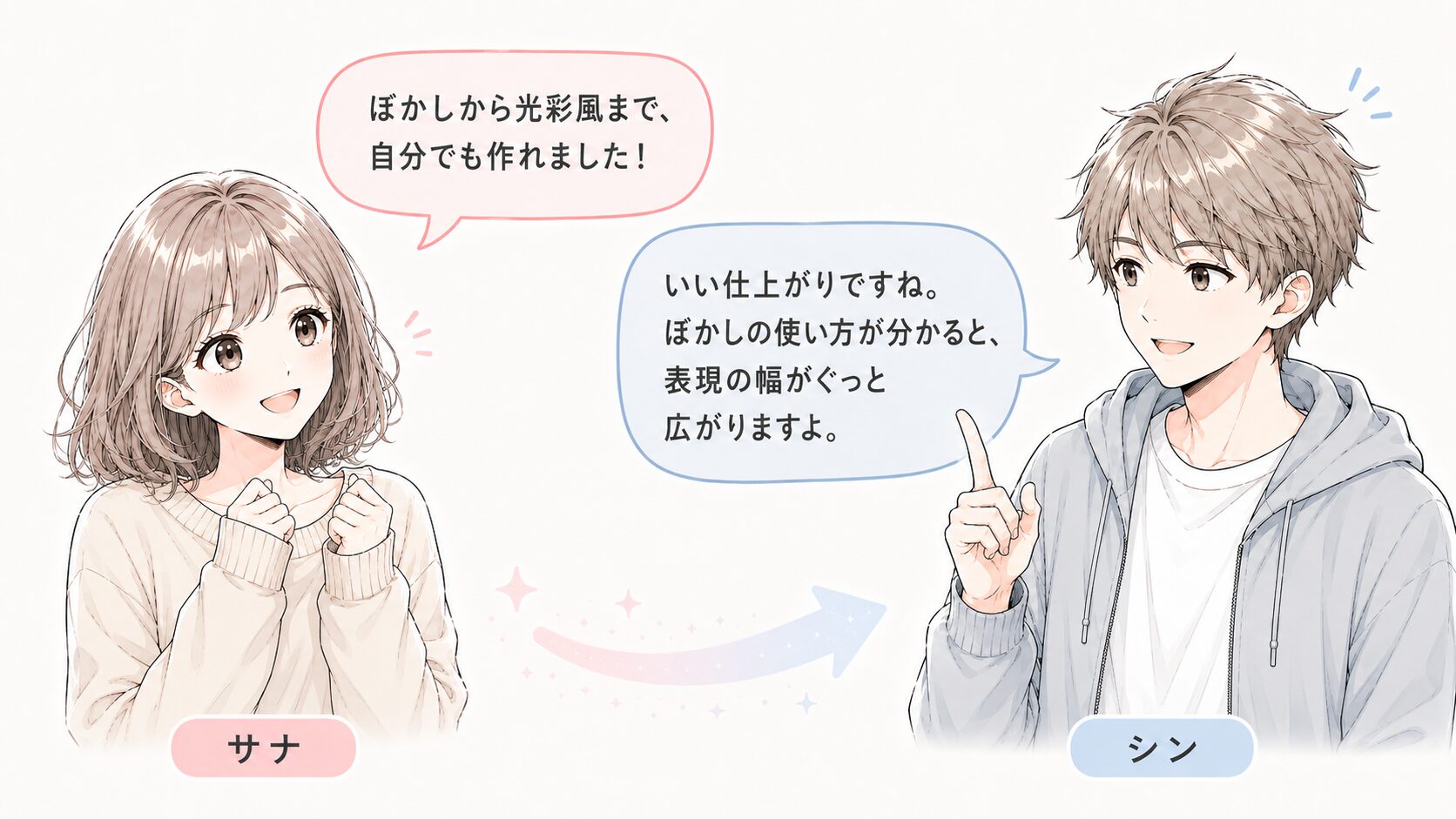 ぼかしから光彩風まで作れて達成感のある読者と、理解編で考え方を振り返ると応用しやすいと促す解説者の掛け合い