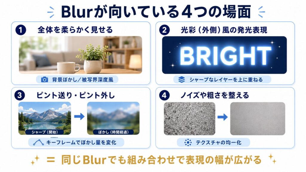 Blurエフェクトが向いている4つの使用シーン（背景ぼかし／光彩風／ピント送り／ノイズ均一化）を並べた用途別図解