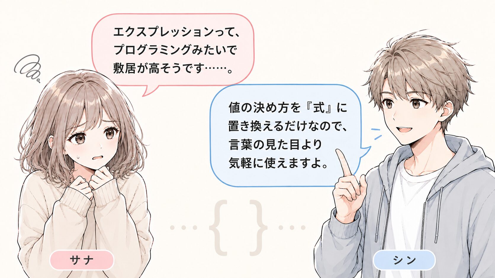 エクスプレッションを難しそうと身構える読者と、値の決め方を式に置き換えるだけと伝える解説者の掛け合い