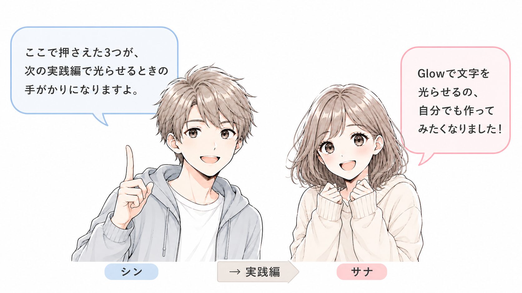 理解編でGlowの3項目を整理した読者を、実践編で実際に手を動かす段階へ誘導する掛け合い