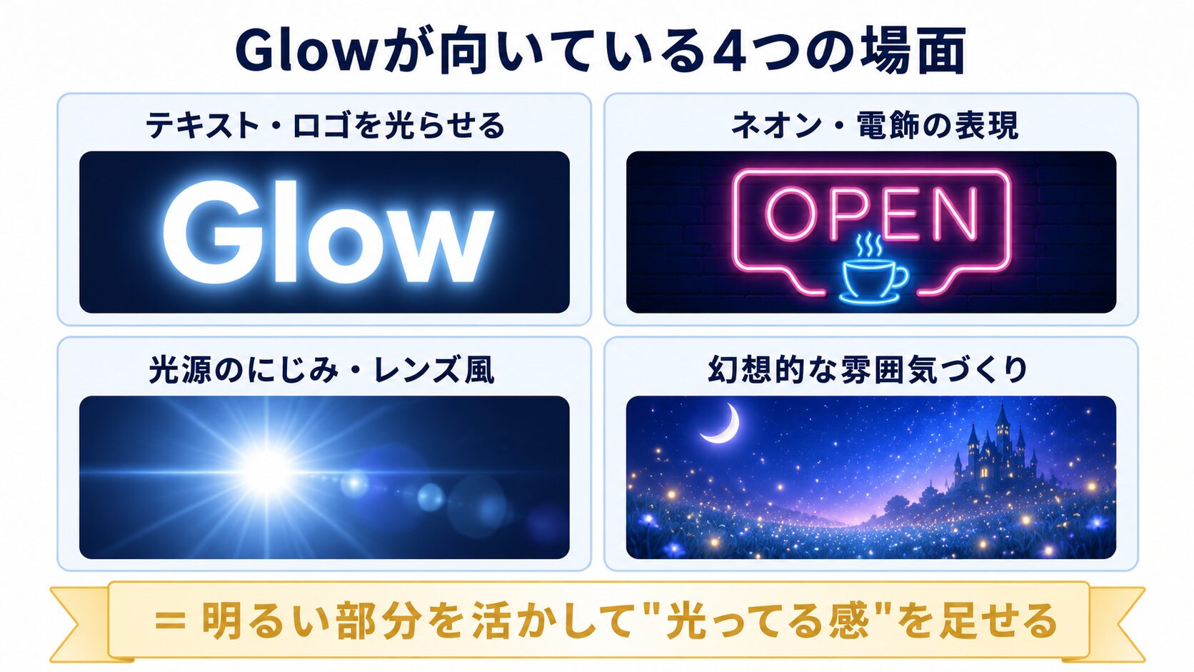 Glowエフェクトが向いている4つの使用シーン（テキスト発光／ネオン／光源のにじみ／幻想的演出）を並べた用途別図解