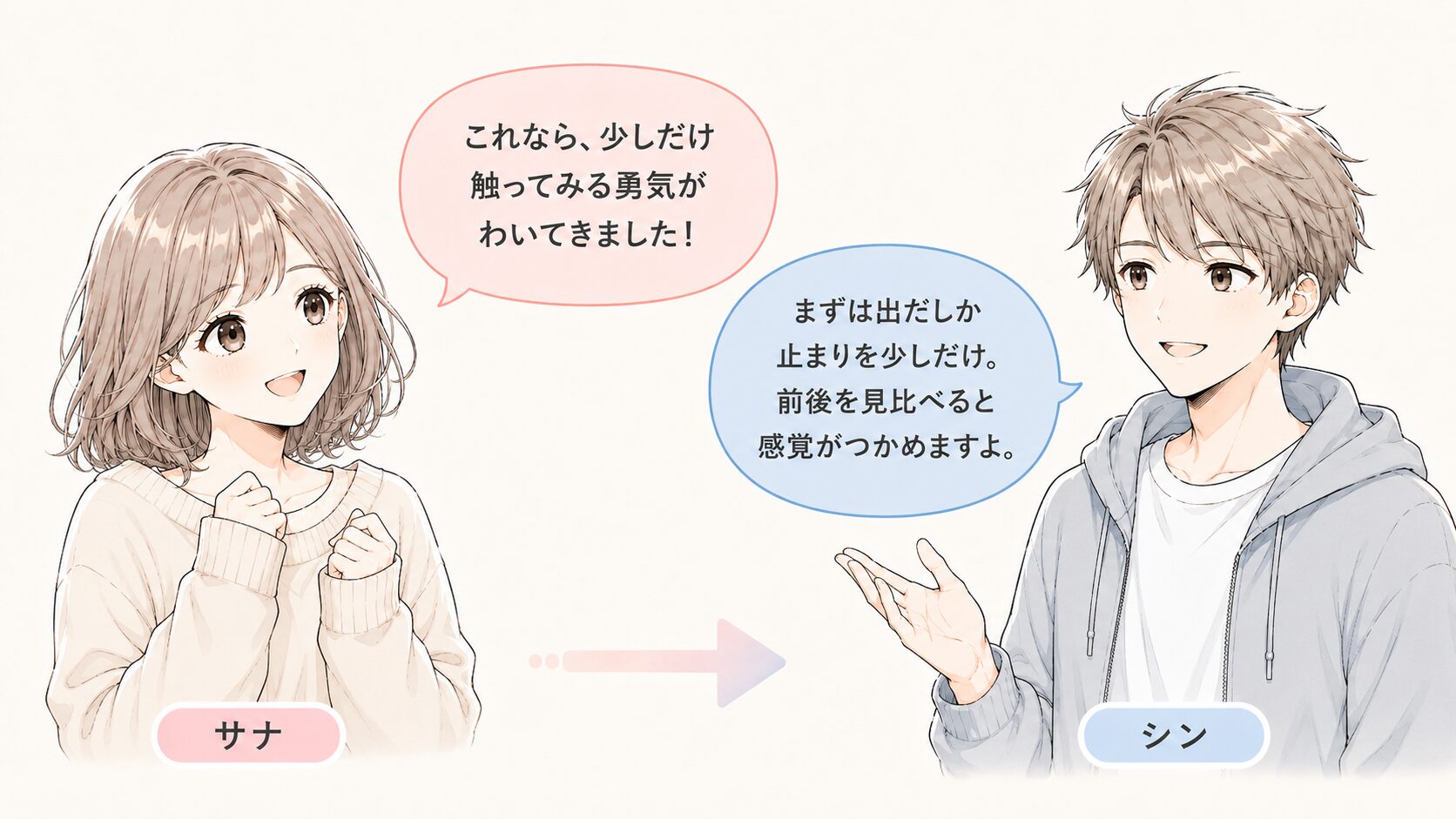 グラフエディターを少し触ってみようと前向きになる読者と、前後を見比べると感覚がつかめると促す解説者の掛け合い