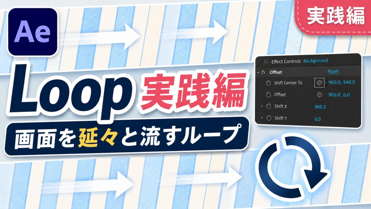 After EffectsのLoop（オフセット）実践編のサムネイル。模様の背景が延々と流れるビジュアルとオフセットのパラメータUI。