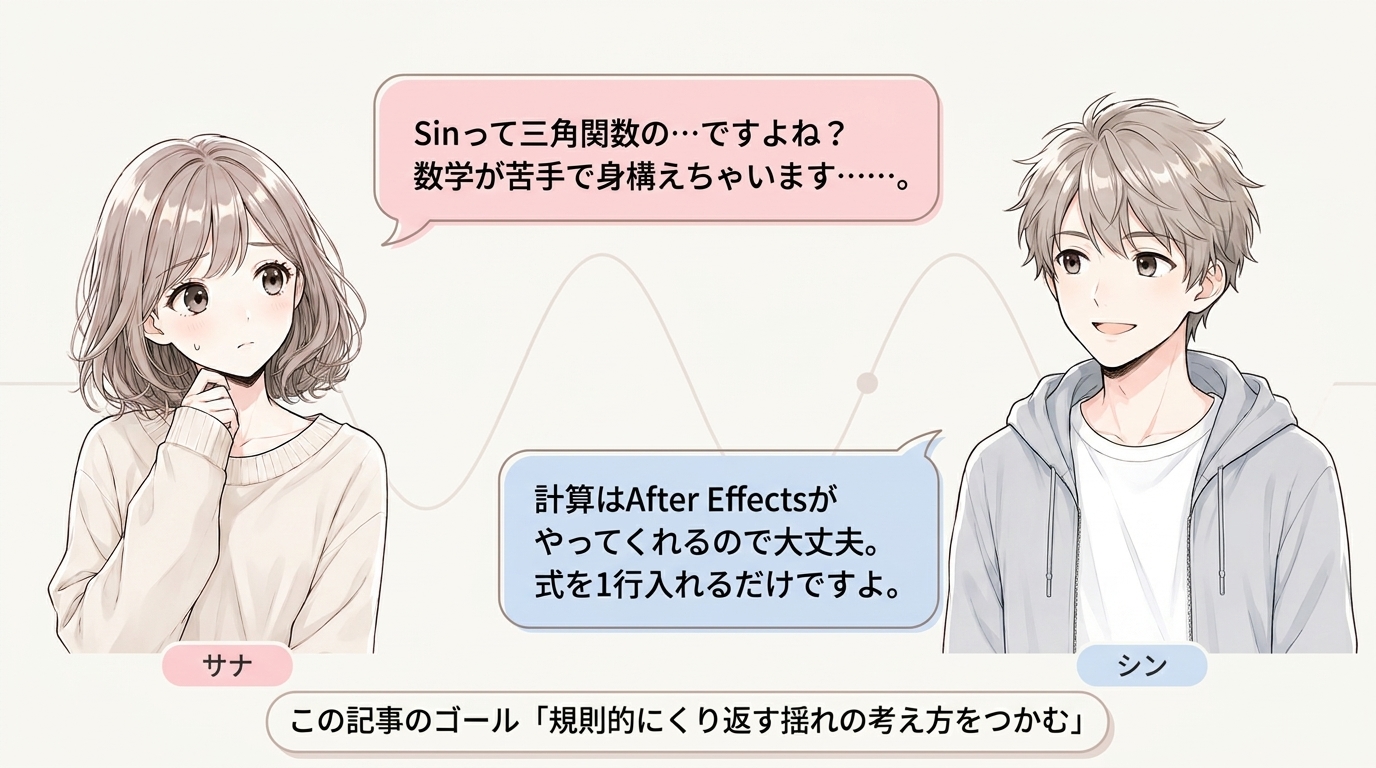 After EffectsのSin理解編で、数学が苦手でもMath.sin式を1行入れれば規則的な揺れが作れることを説明した会話型図解