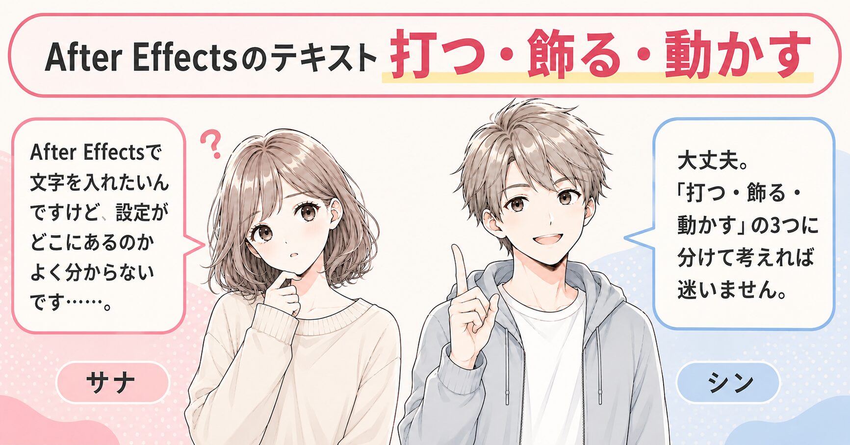 After Effectsの文字設定がどこにあるか迷う読者に、サナとシンが「打つ・飾る・動かす」の3層で考えると整理できると伝える導入図